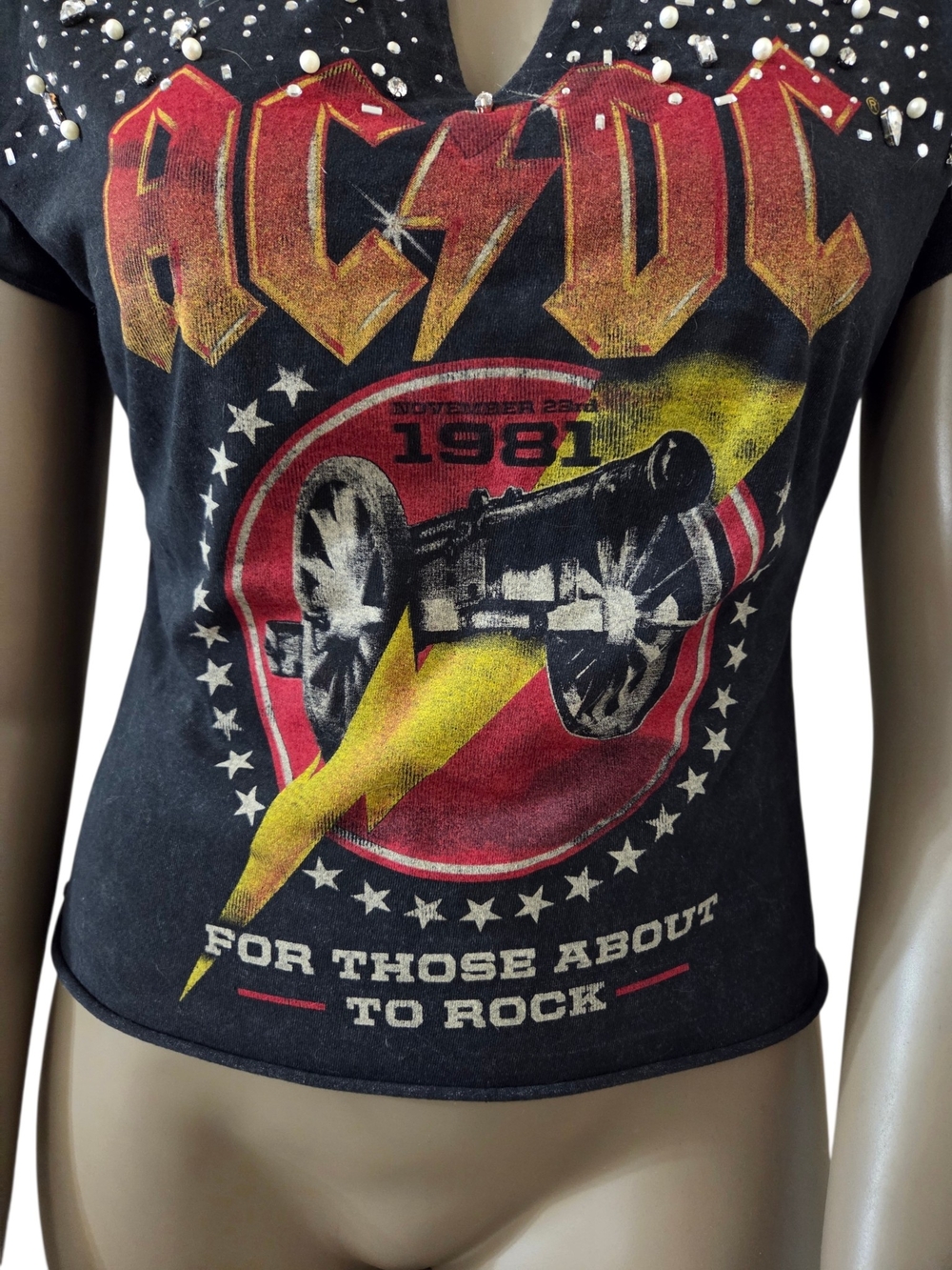 AC/DC Rhinestone Notch Neck TShirt LG Dark Wash Charcoal For Those About To Rock - Picture 4 of 16